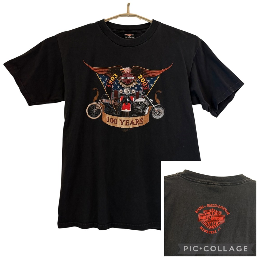 Harley Davidson 100th Anniversary T-Shirt VTG Black‎ 2003 USA Large Milwaukee WI